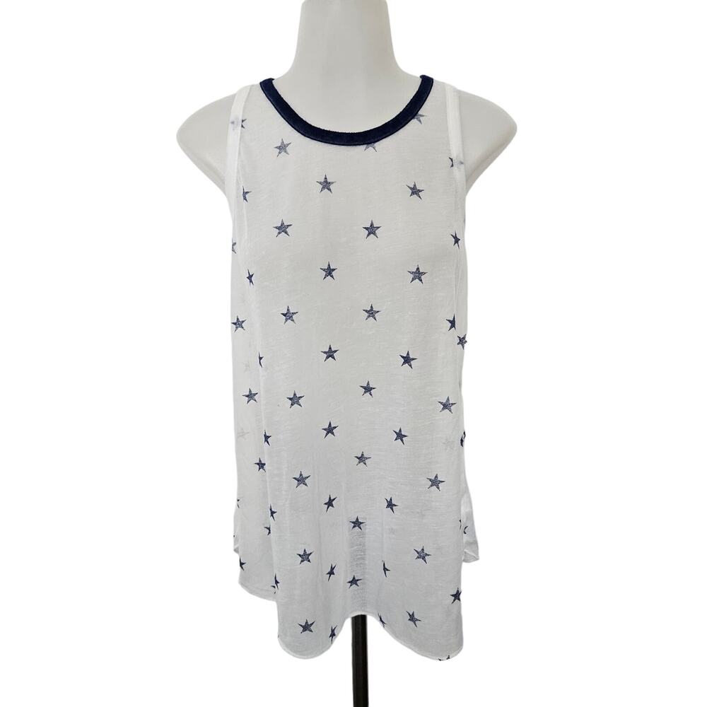 🆓 FREE Zoe + Liv White Navy Blue Sheer Star Sleeveless Top sz Large Lightweight